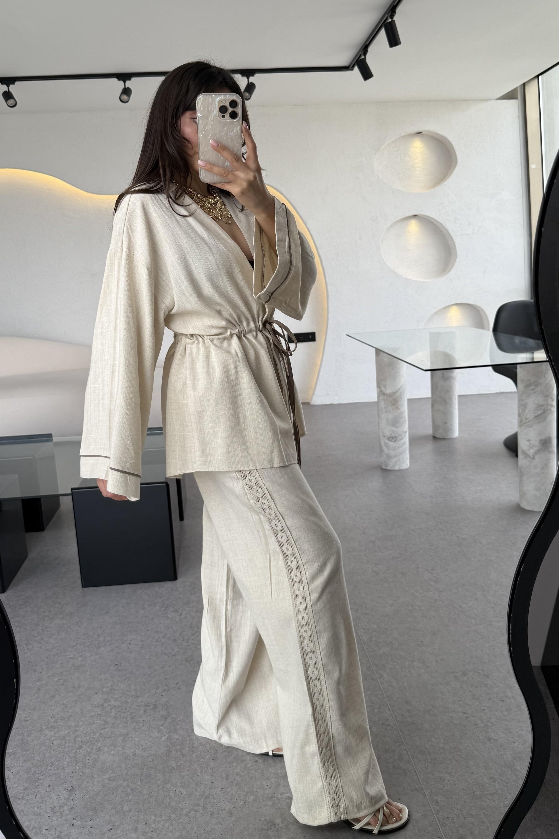 İvana Naturel Premium Kimonolu Keten Takım