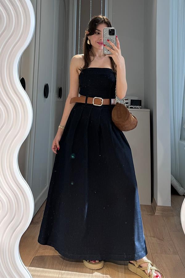Jalissa Dark Denim Straplez Kemerli Elbise