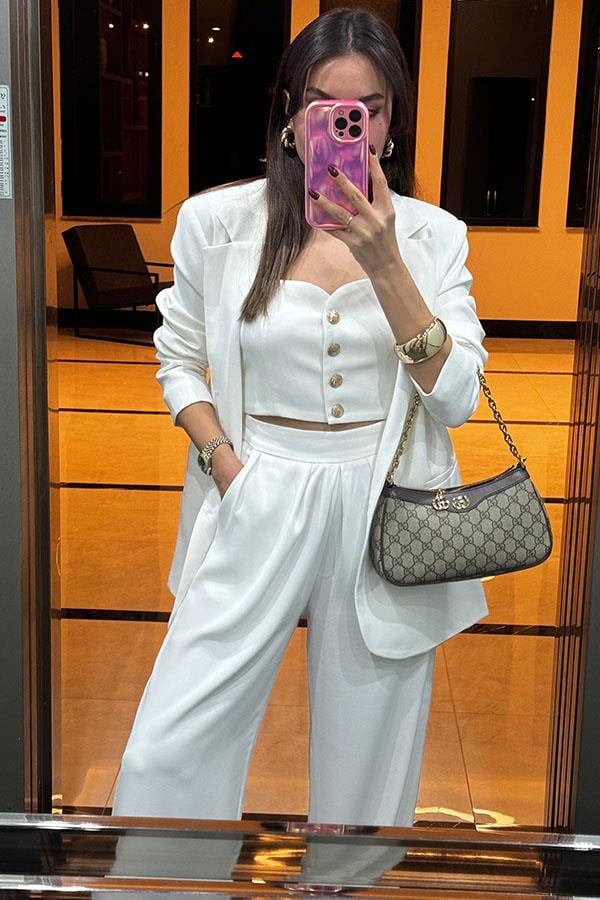 Jayla Gold Düğmeli Beyaz Üçlü Takım