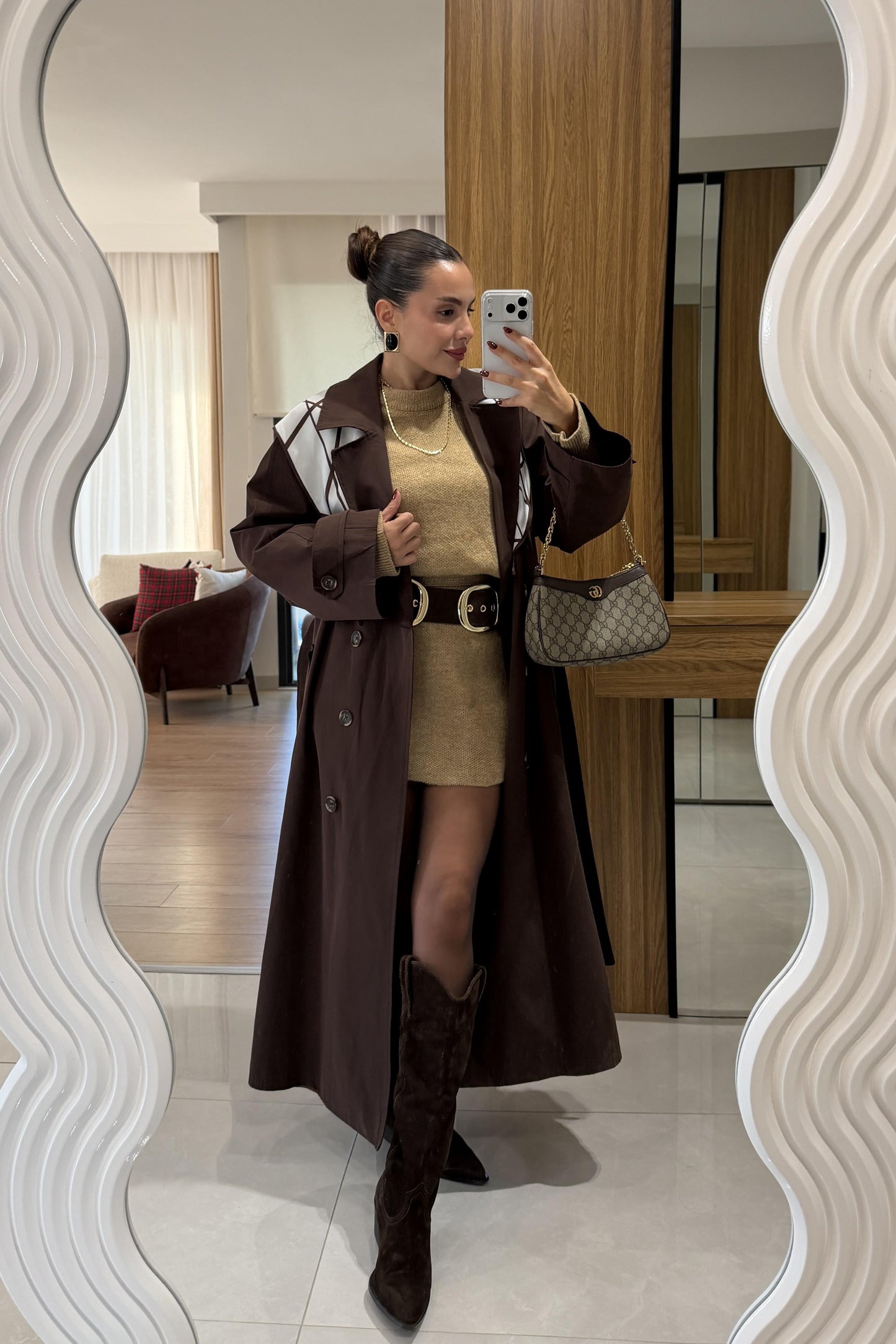 Jenny Acı Kahve Fular Detaylı Trenç