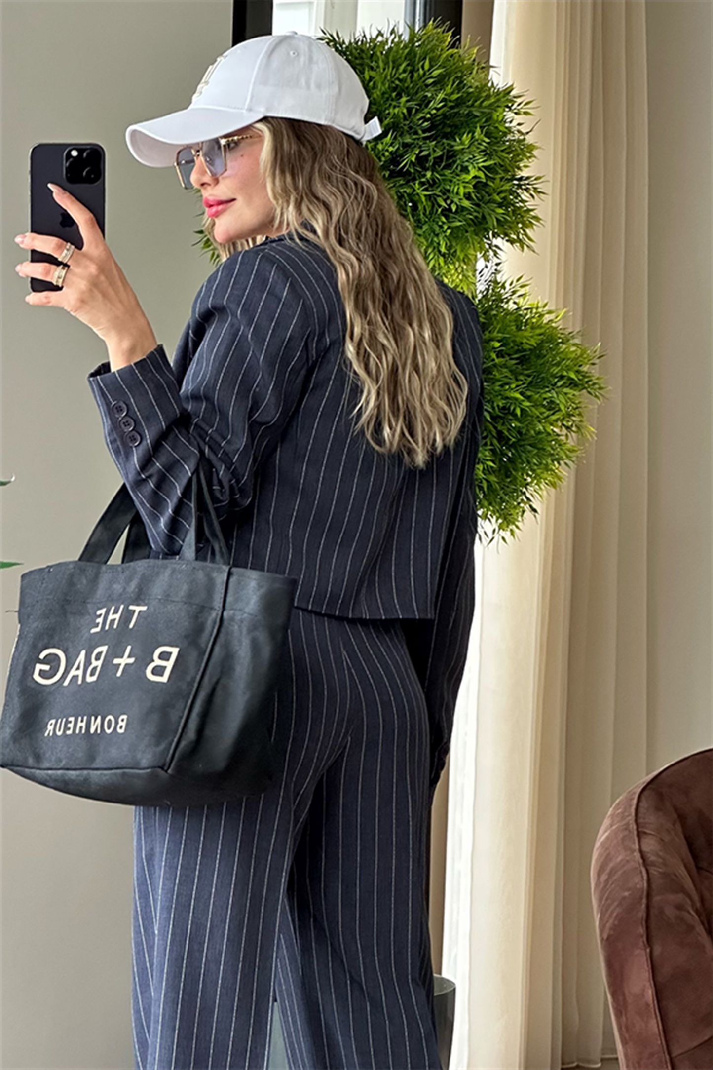 Jessie çizgili mini blazer ceketli takım -Lacivert