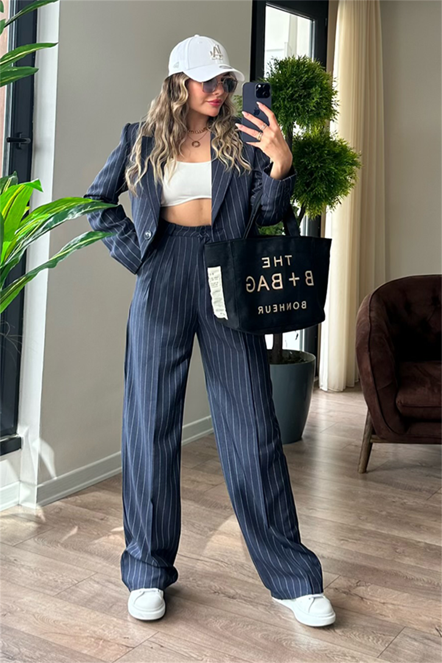 Jessie çizgili mini blazer ceketli takım -Lacivert