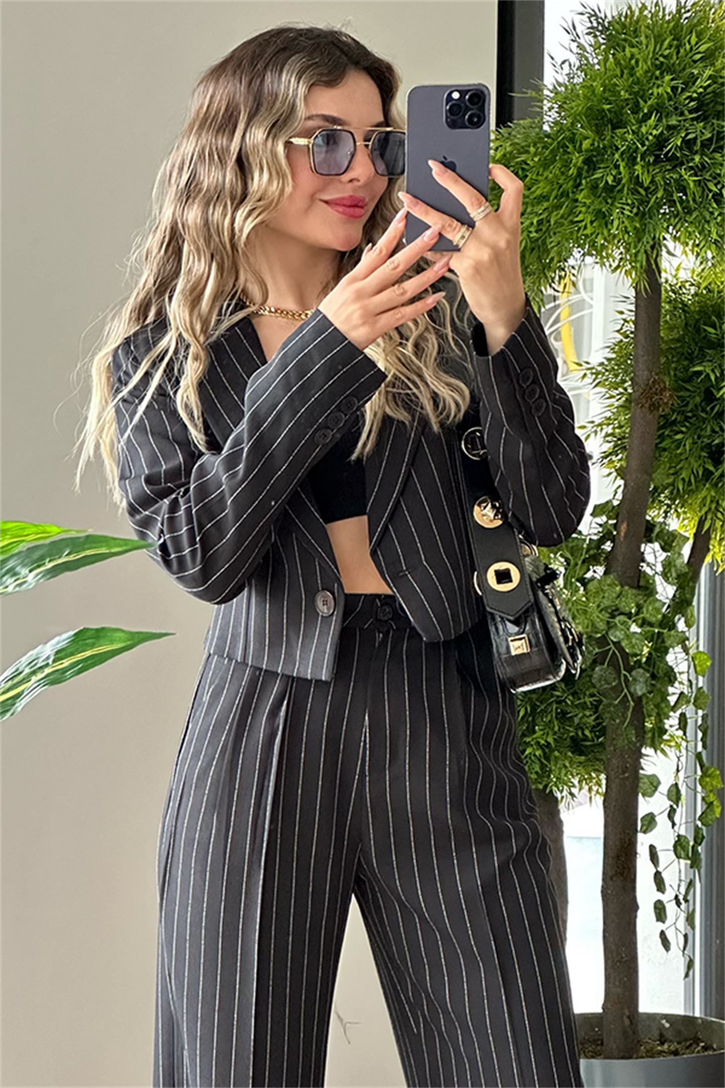 Jessie çizgili mini blazer ceketli takım - Siyah