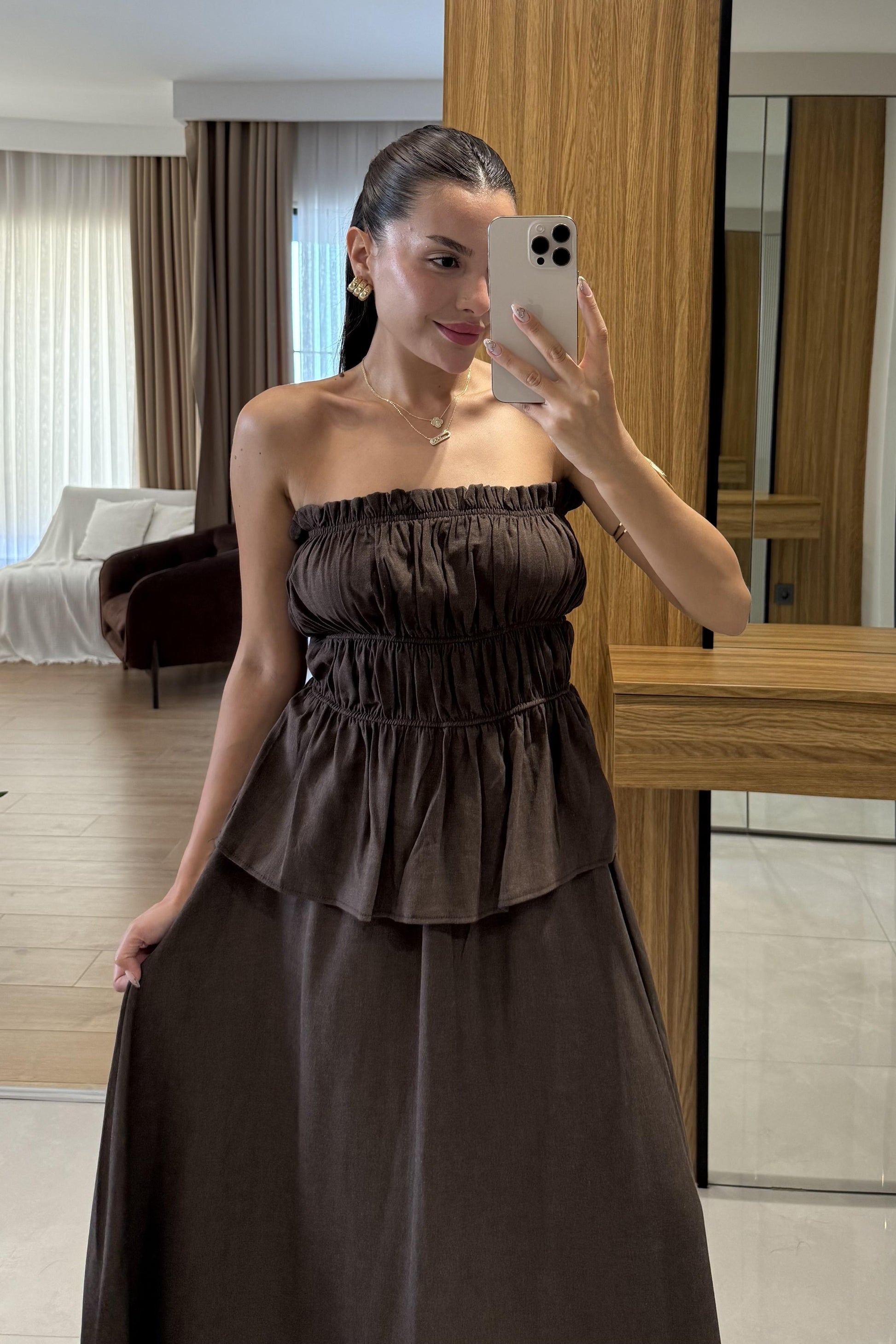 Jiggle Acı Kahve Straplez Bluz Etek Takım
