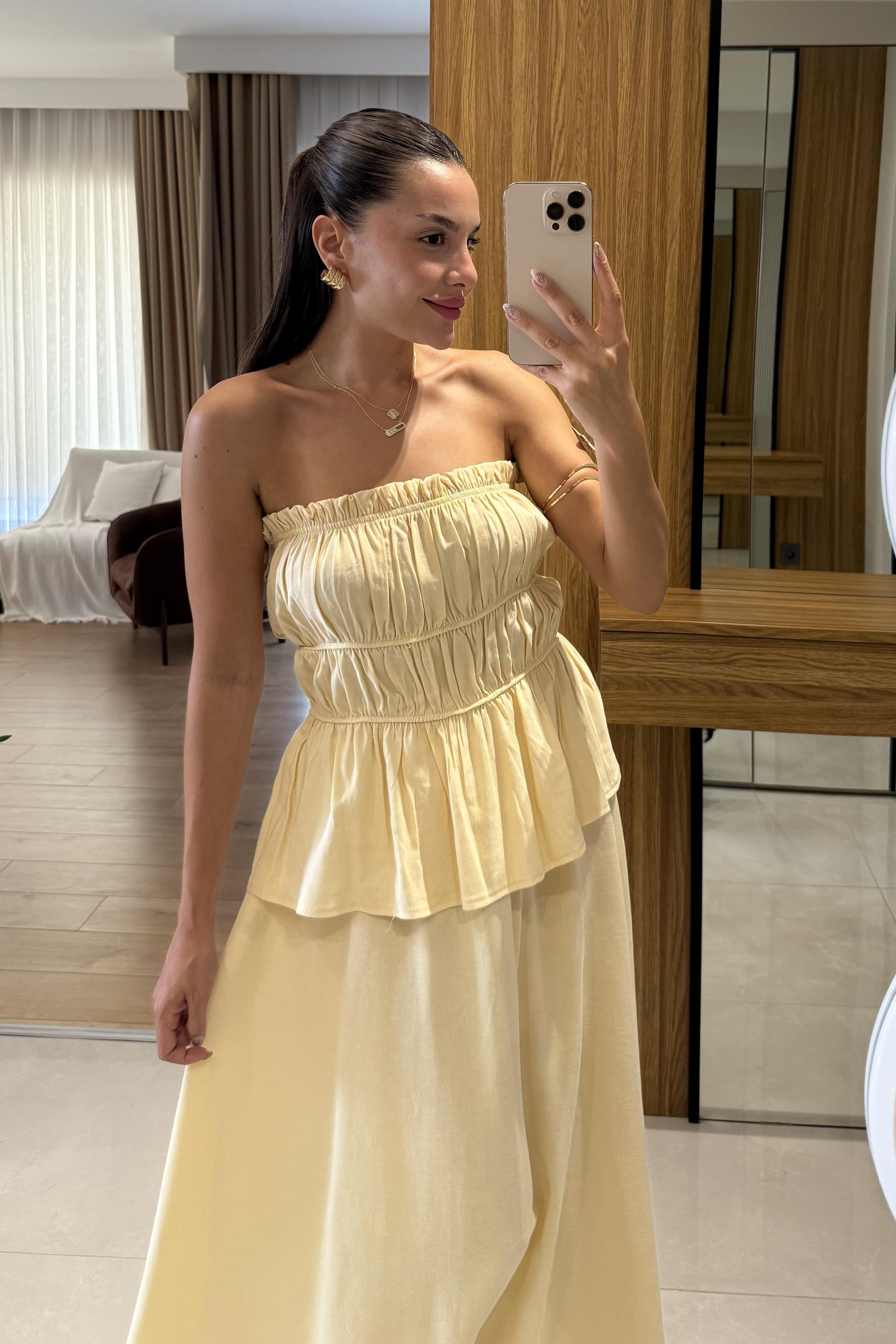 Jiggle Sarı Straplez Bluz Etek Takım