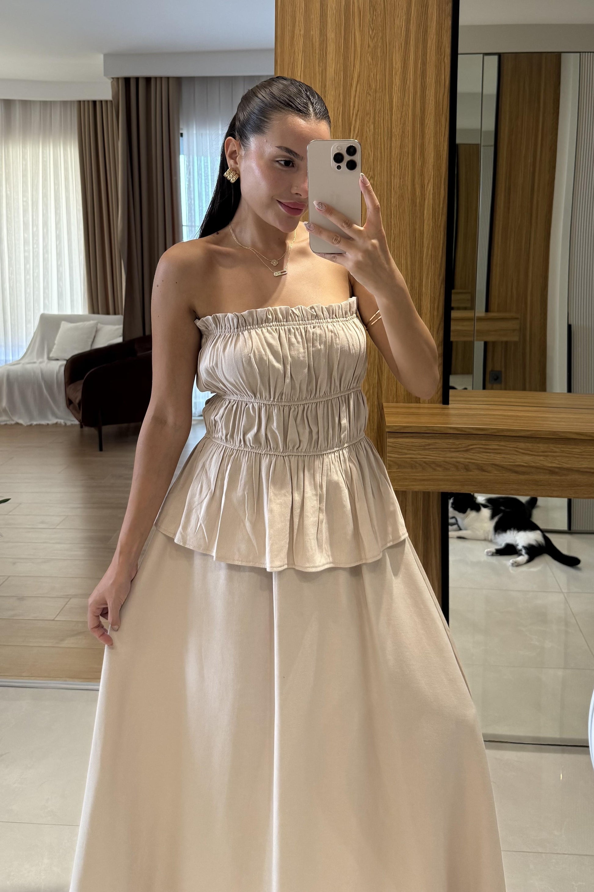 Jiggle Sütlü Kahve Straplez Bluz Etek Takım