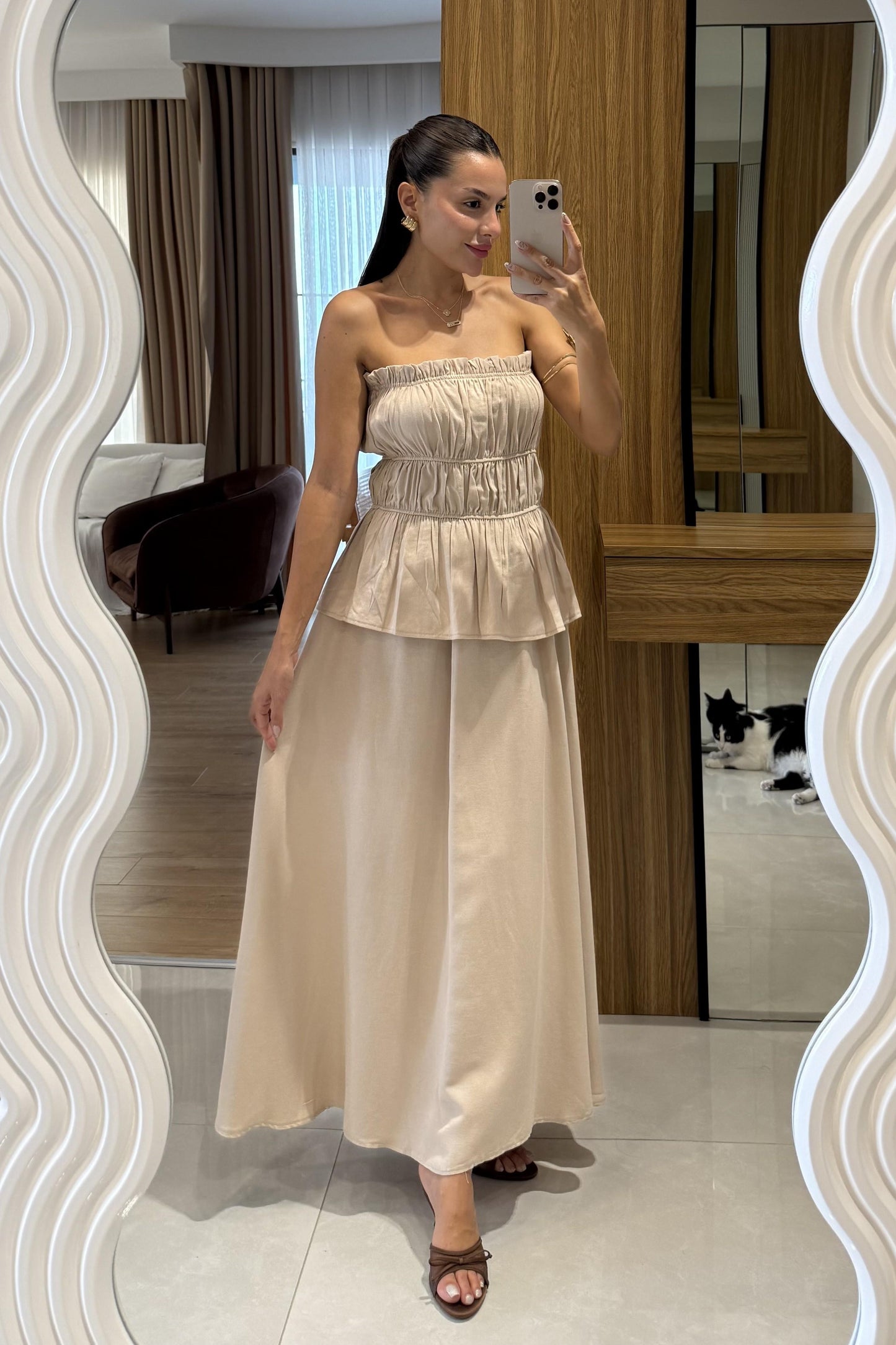 Jiggle Sütlü Kahve Straplez Bluz Etek Takım