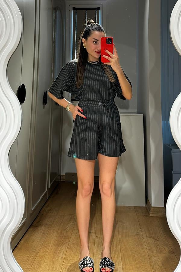 Jimena Çizgili Şortlu Takım - Koyu Gri