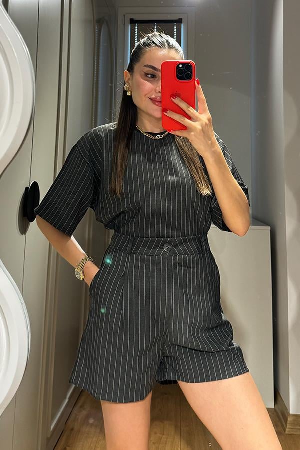 Jimena Çizgili Şortlu Takım - Koyu Gri