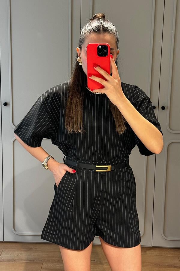 Jimena Çizgili Şortlu Takım- Siyah