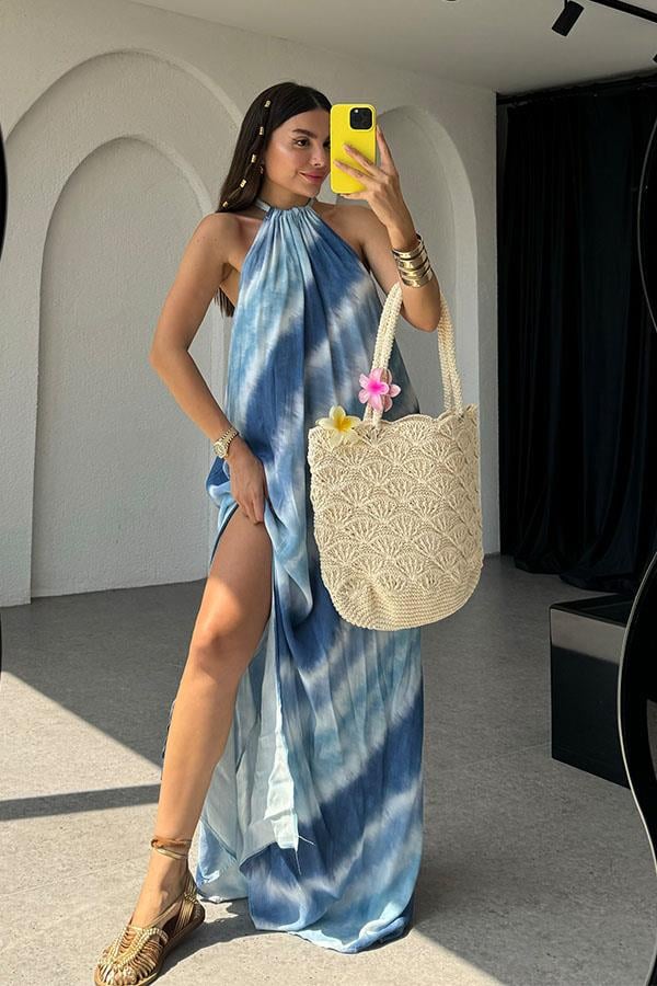 Jinhai Batik Desen Büzgü Yaka Elbise-Mavi