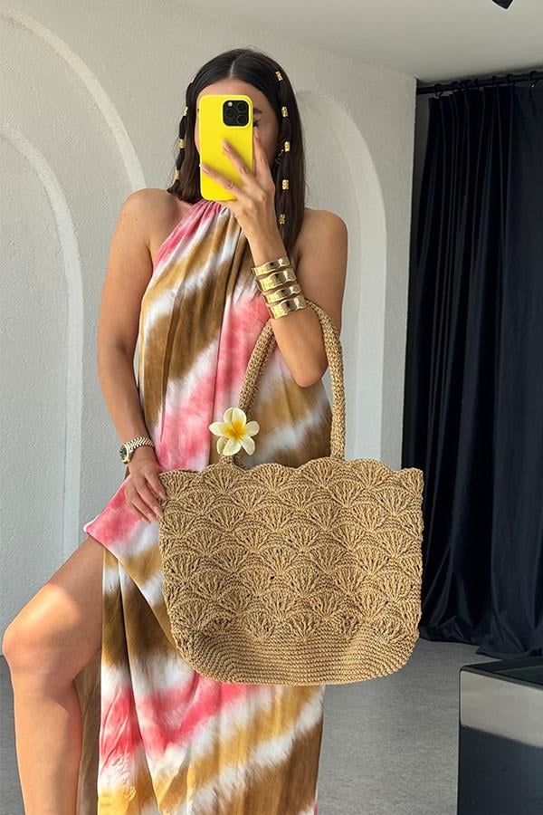 Jinhai Batik Desen Büzgü Yaka Elbise-Pembe