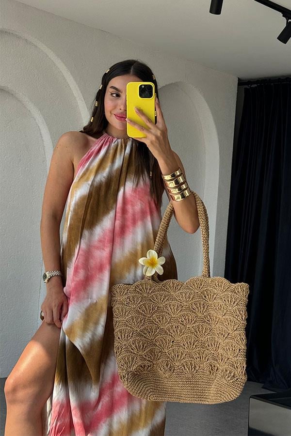 Jinhai Batik Desen Büzgü Yaka Elbise-Pembe