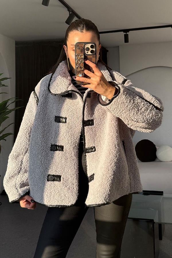 Jovia Gri Peluş Deri Detaylı Ceket