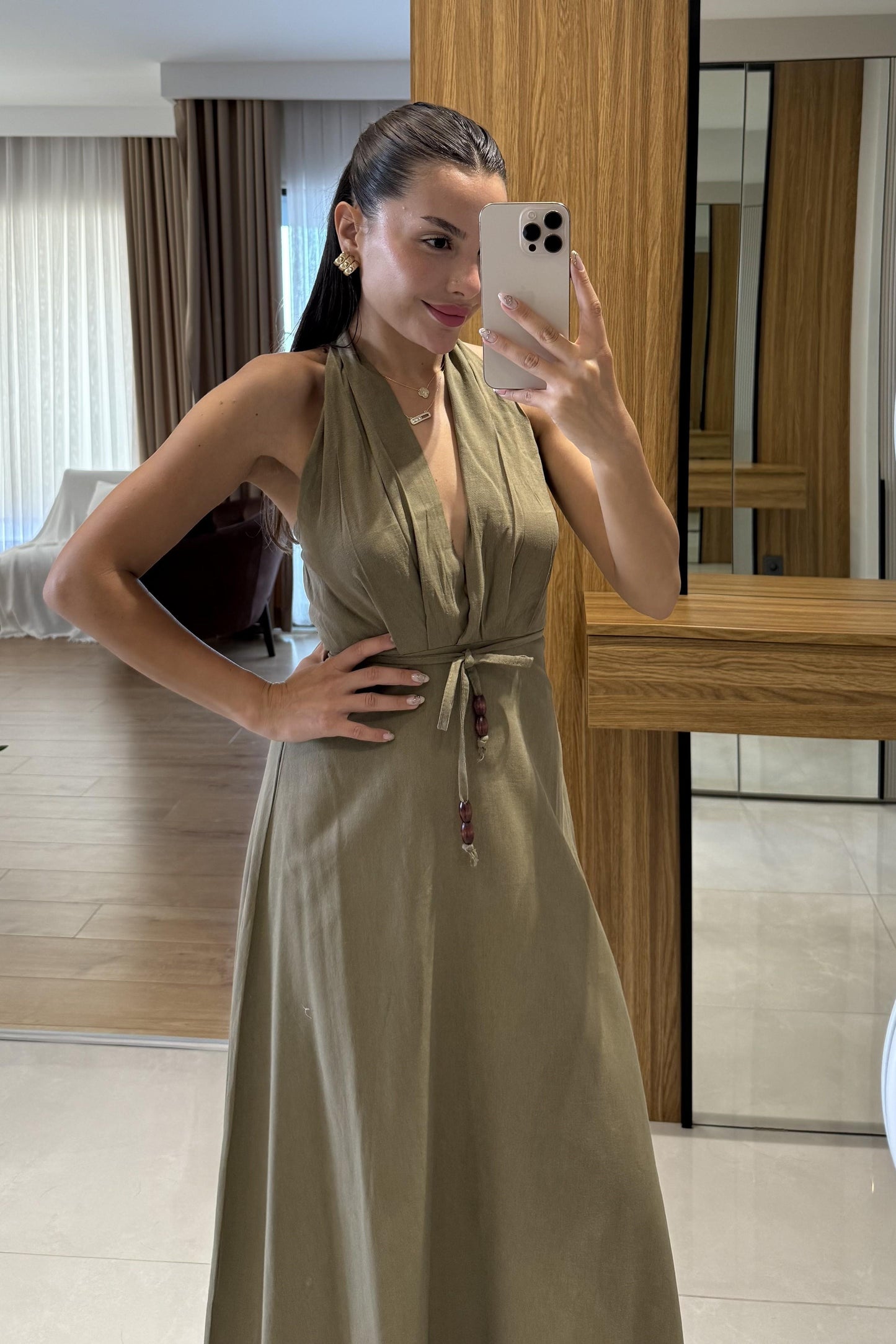 Julianna Haki Sırt Dekolteli Kuşaklı Keten Elbise