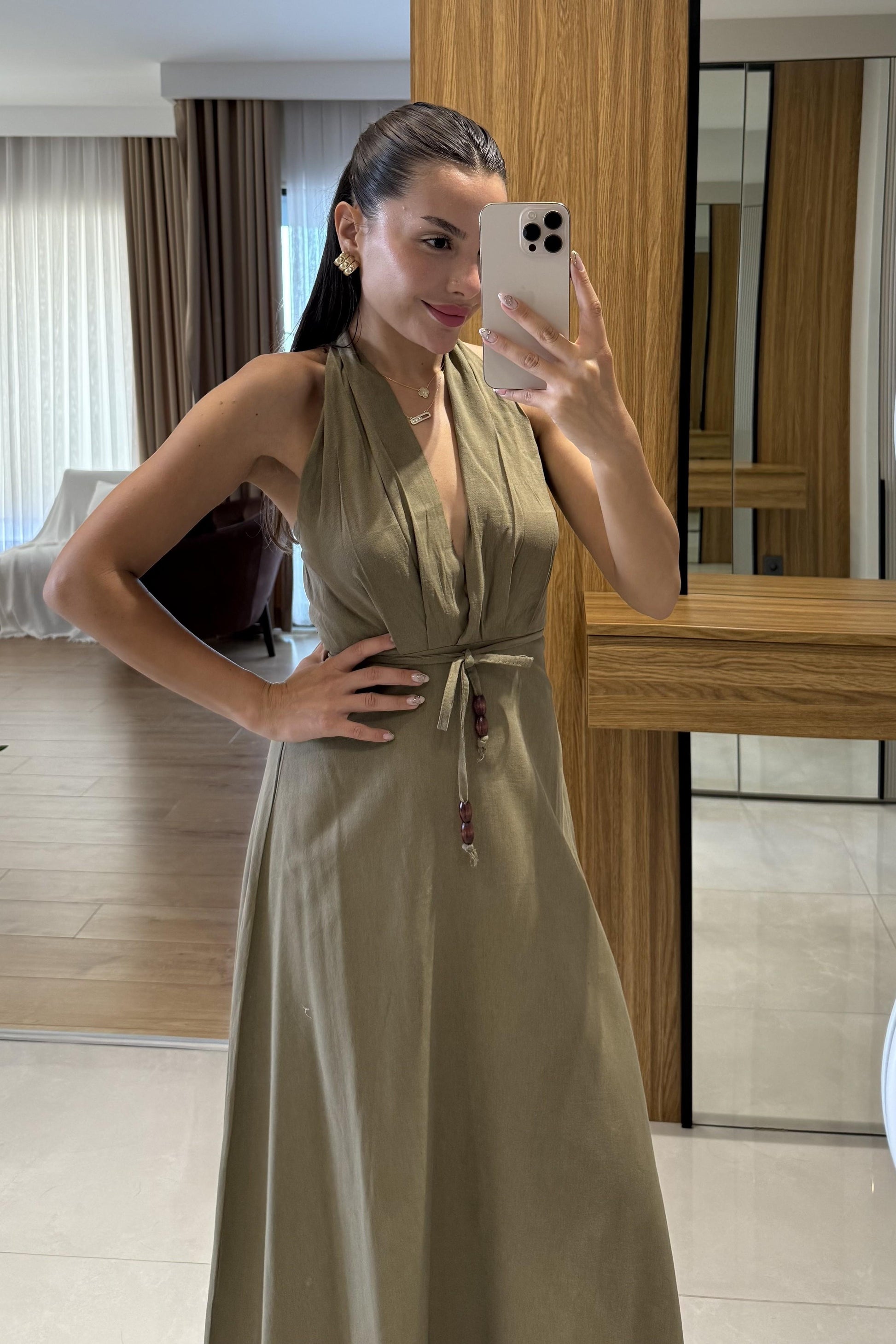Julianna Haki Sırt Dekolteli Kuşaklı Keten Elbise