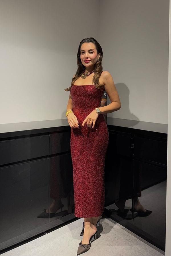 Julieta İnce Askılı Payetli Bordo Elbise
