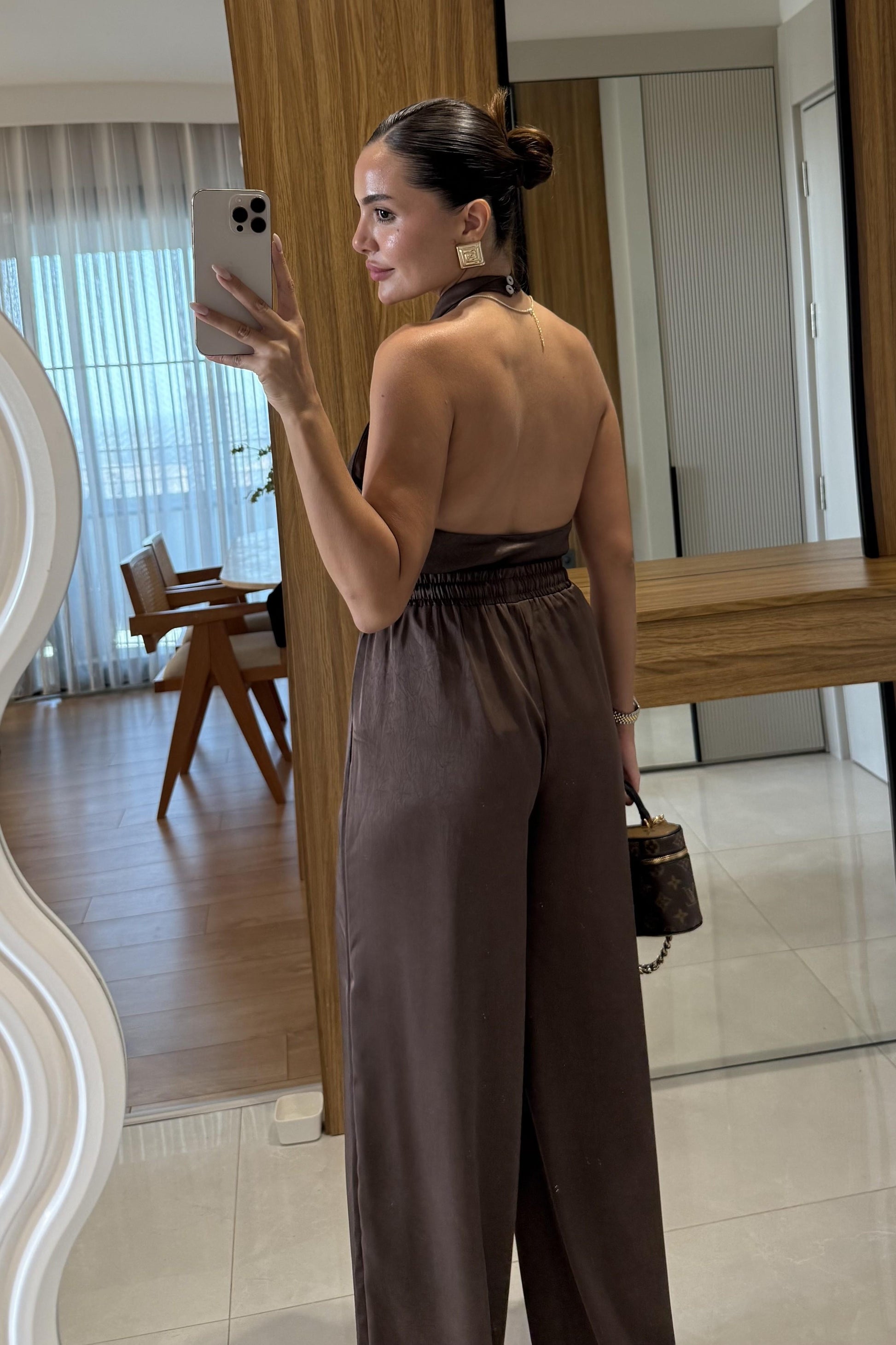 Jullie Acı Kahve Saten Bluz Pantolon Takım