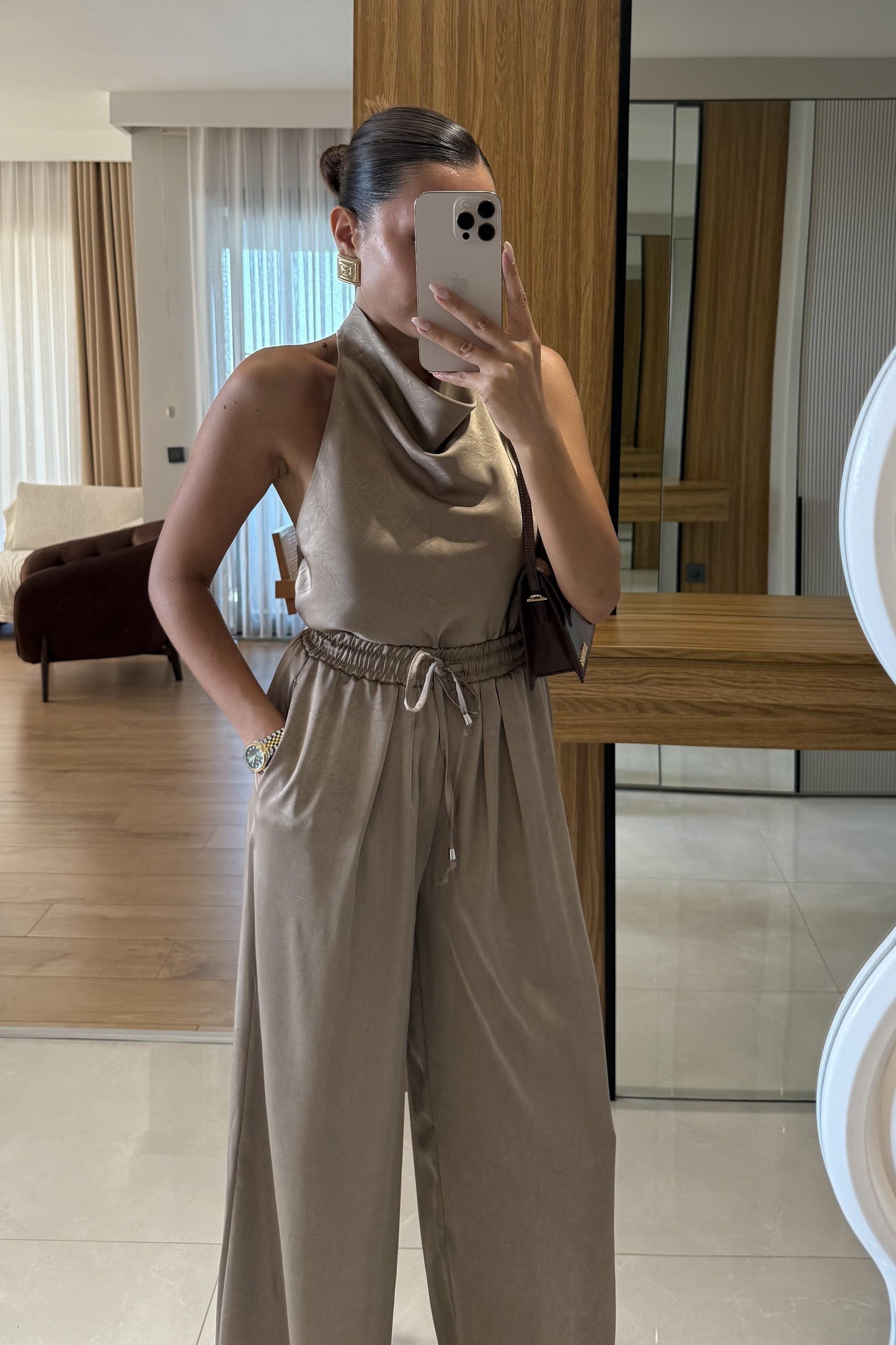 Jullie Vizon Saten Bluz Pantolon Takım