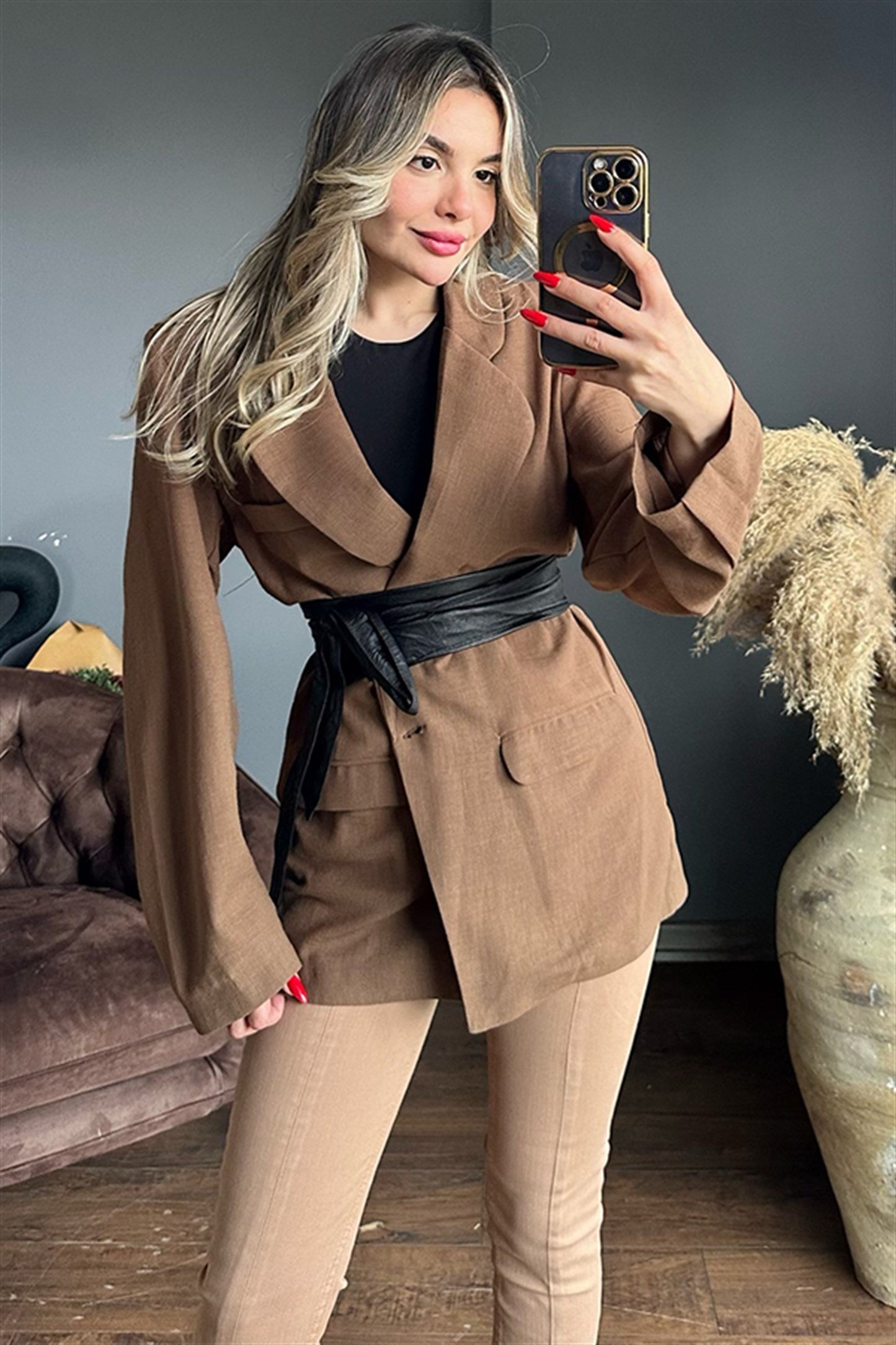 Kahve cep detaylı blazer ceket