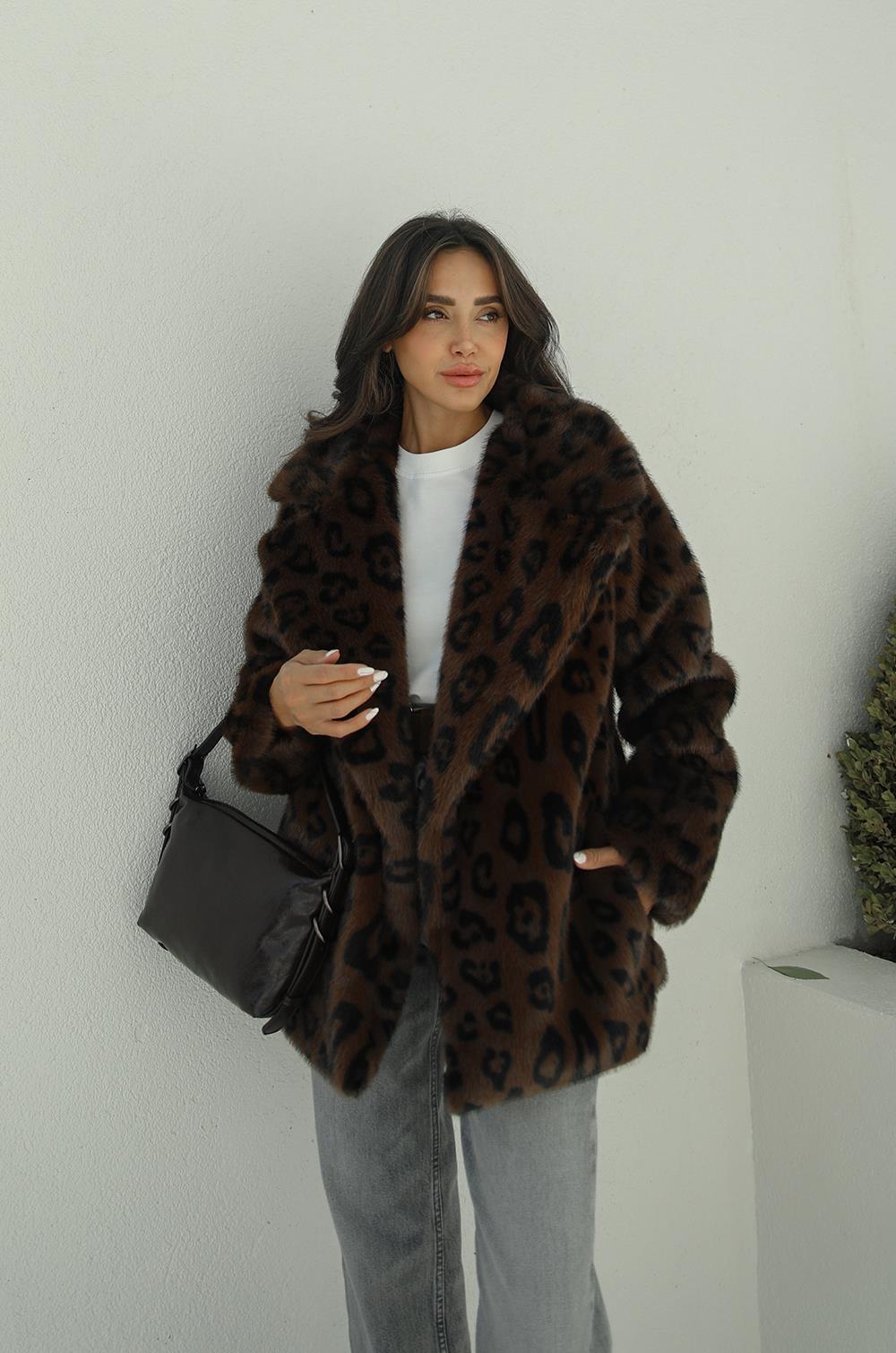 KAHVE LEOPAR SUNI KÜRK KABAN