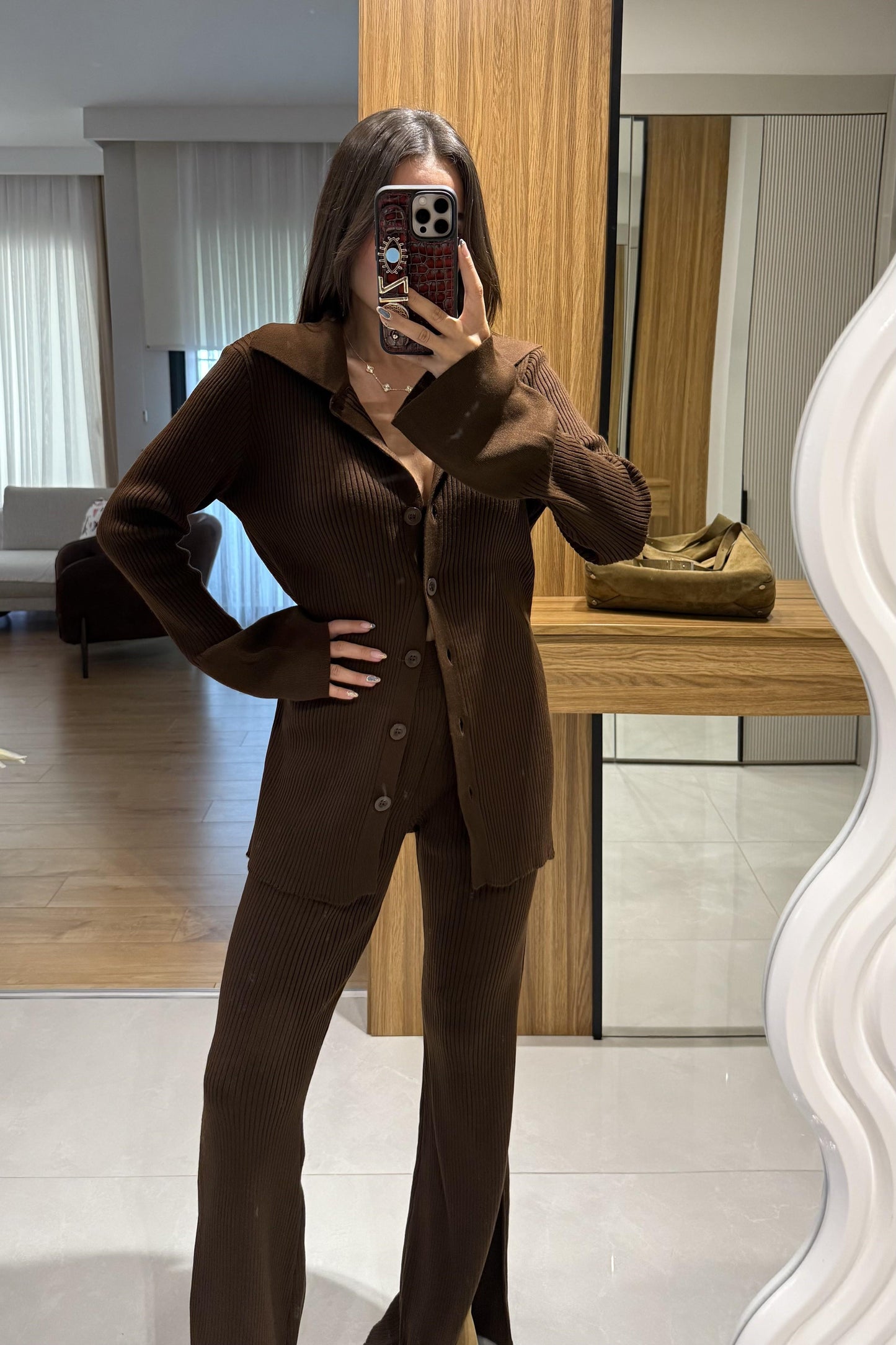 Kais Kahve Triko Düğmeli Takım