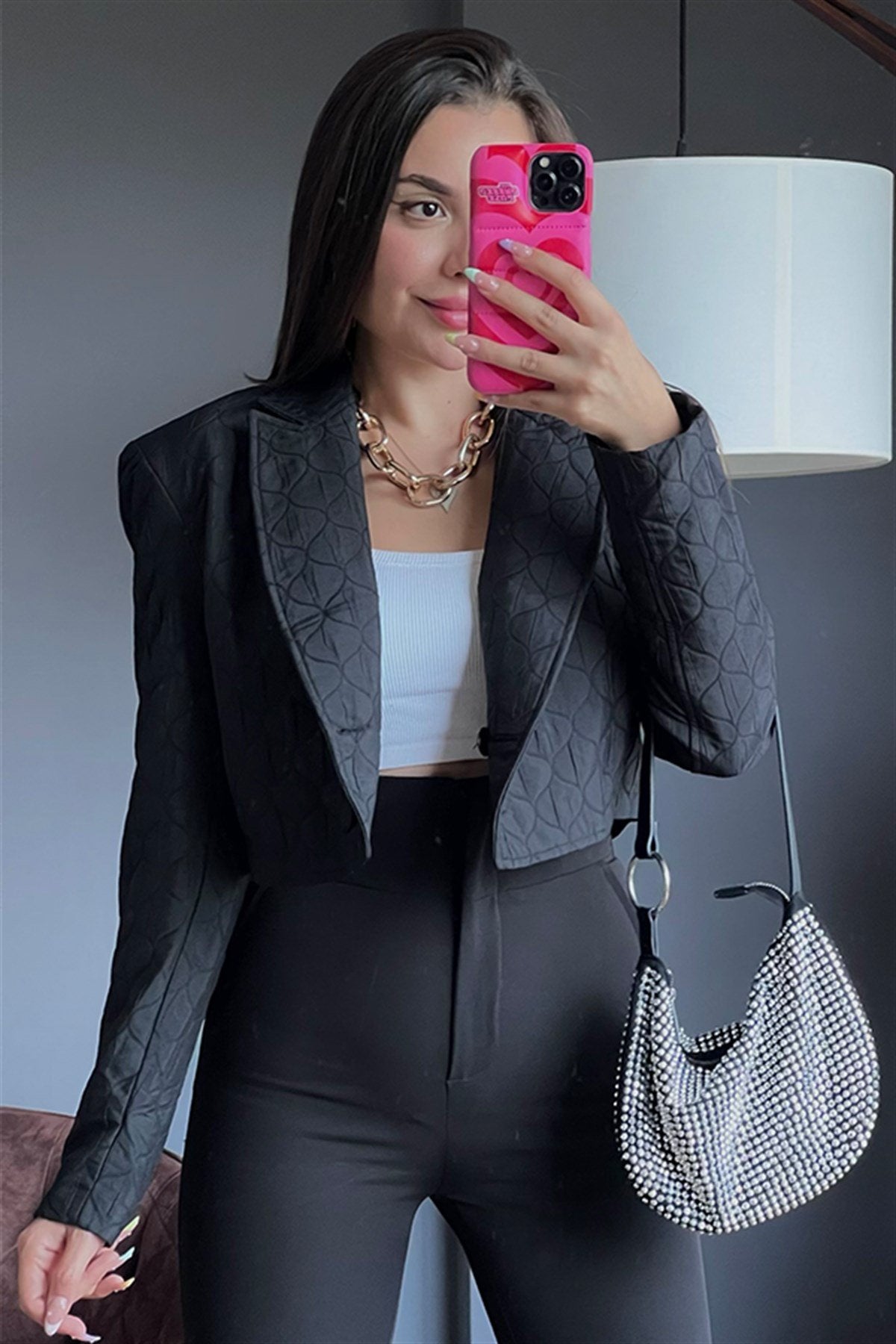 Kapitone siyah mini ceket