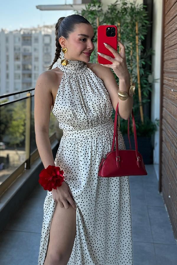 Katrusya Puantiyeli Saten Elbise