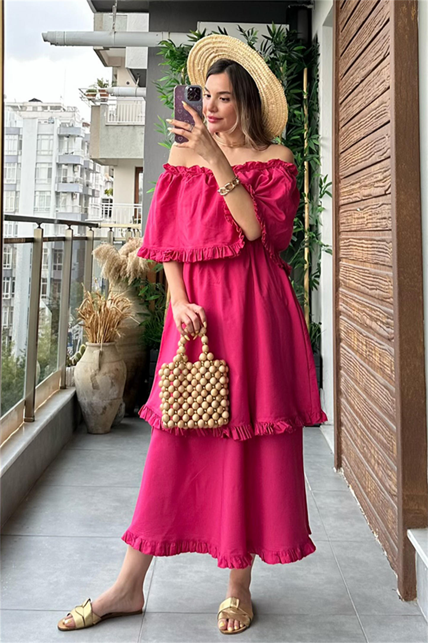 Katy madonna yaka poplin elbise - Fuşya