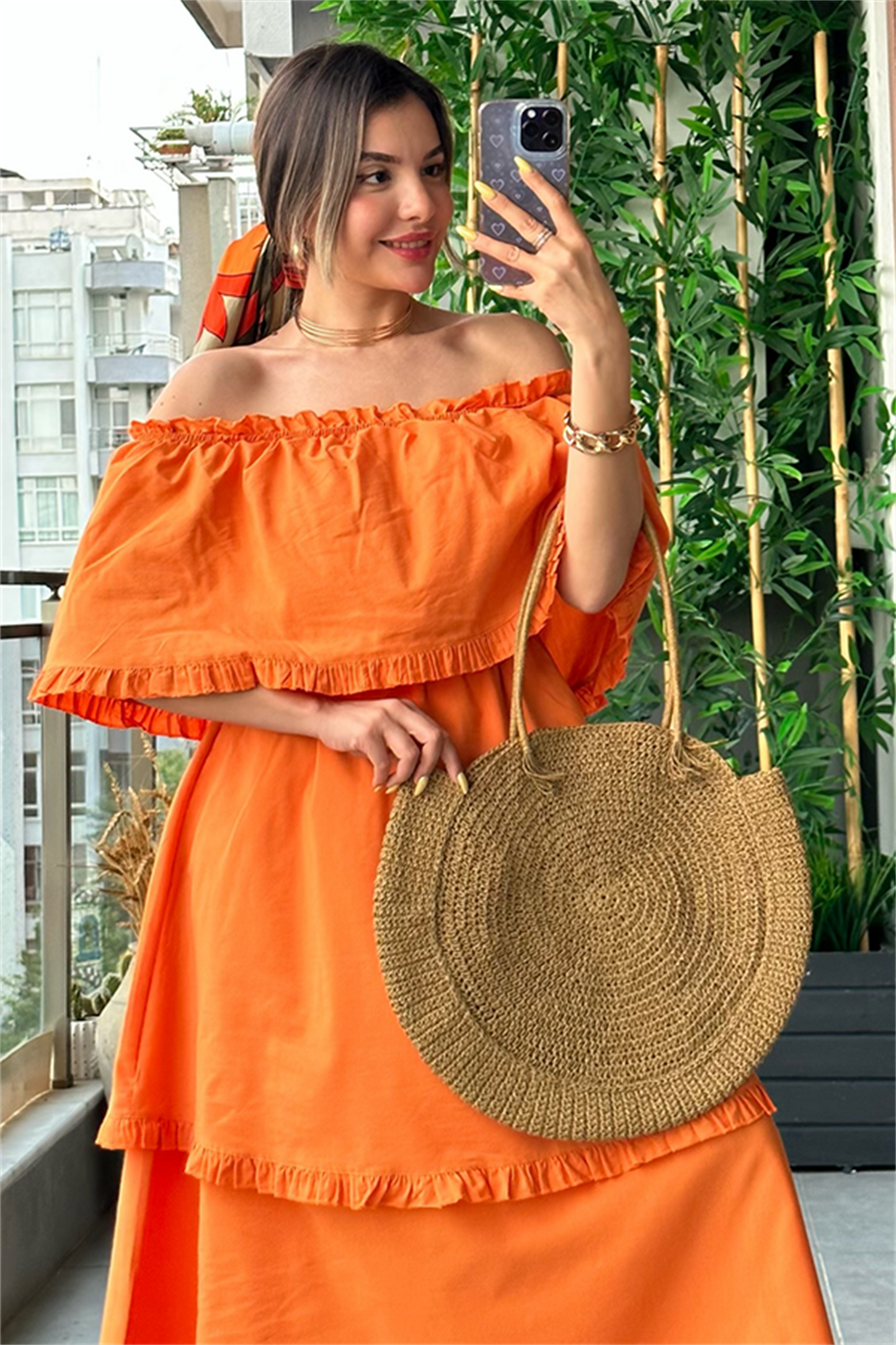 Katy madonna yaka poplin elbise - Turuncu