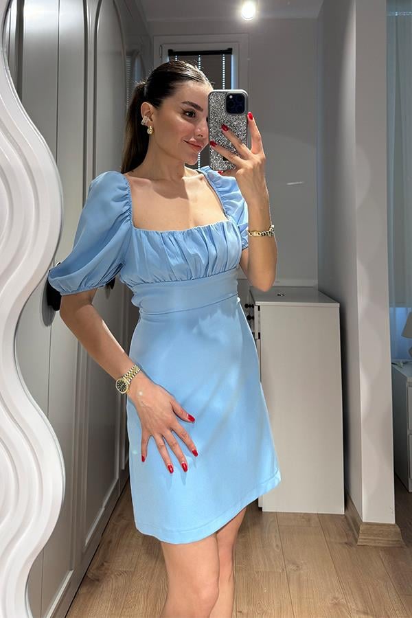 Kaylee Balon Kol Sırt Dekolteli Elbise-Bebe Mavi