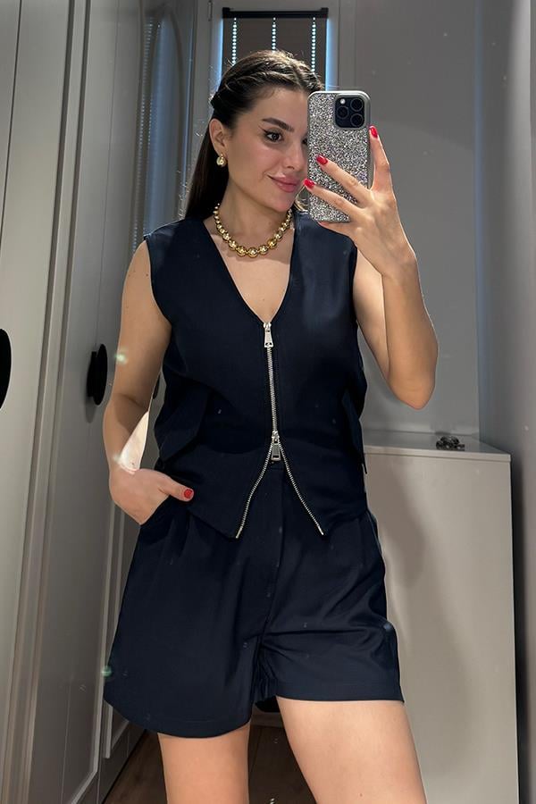 Keli Yelekli Poplin Takım - Lacivert