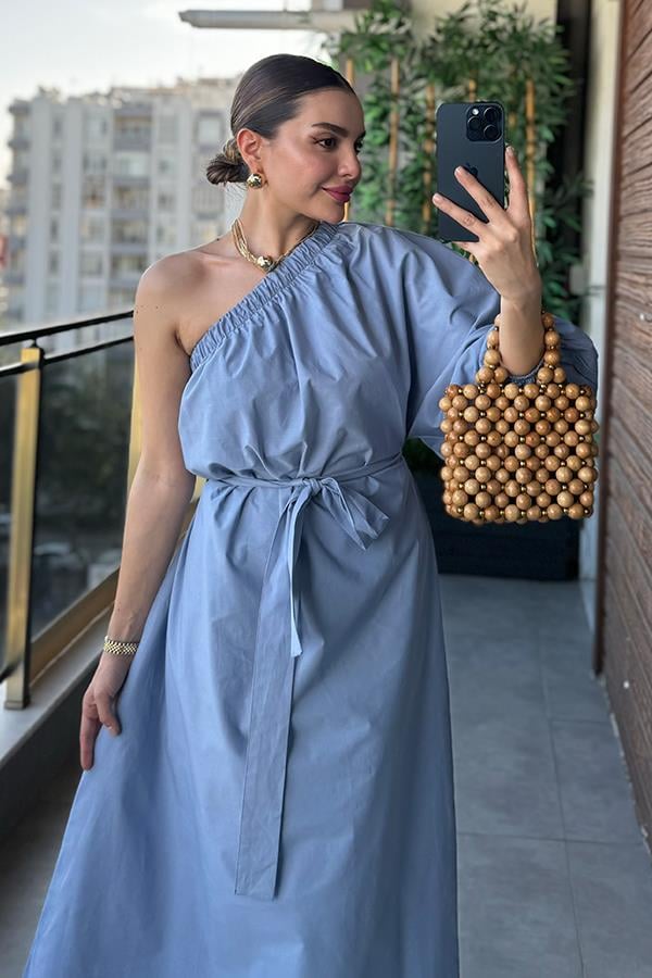 Kelsey Tek Omuz Poplin Kemerli Elbise - Bebe Mavi