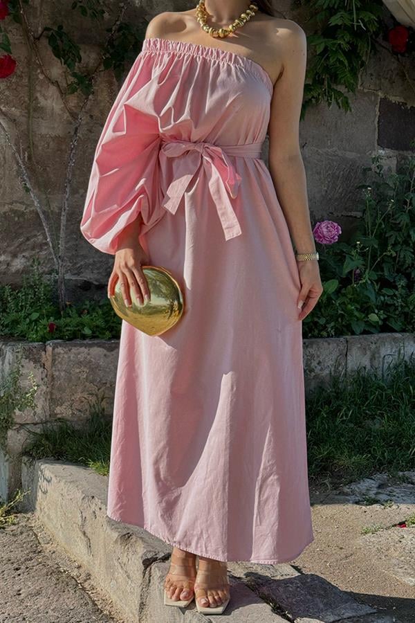 Kelsey Tek Omuz Poplin Kemerli Elbise - Pembe