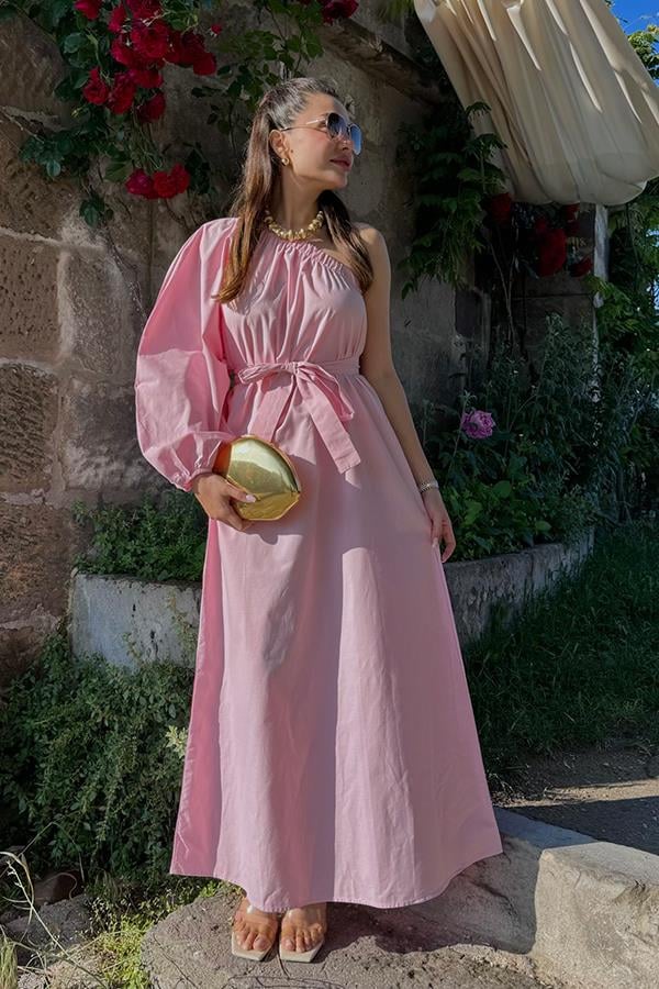 Kelsey Tek Omuz Poplin Kemerli Elbise - Pembe