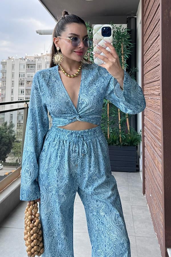 Ketling Renkli Etnik Desenli Pantolon Crop Takım