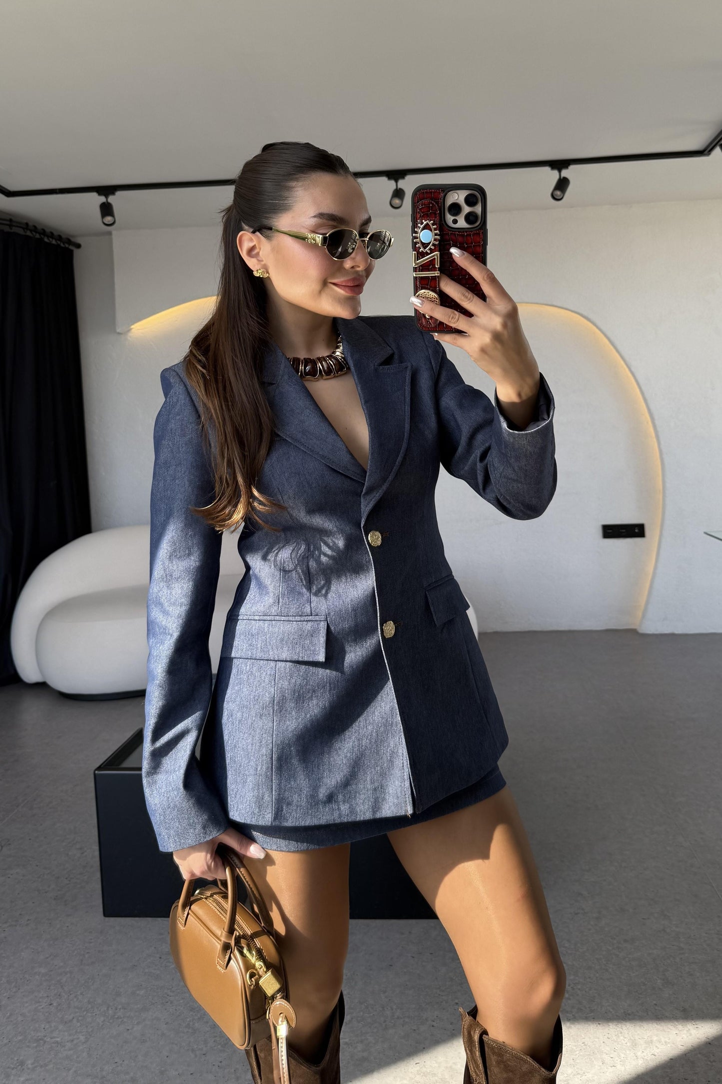 Kiana Gold Düğmeli Denim Efektli Takım