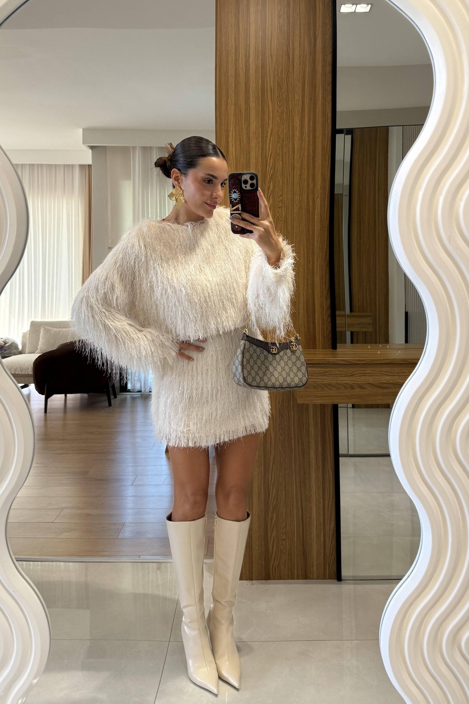 Kiew Ekru Saçaklı Etek Bluz Takım