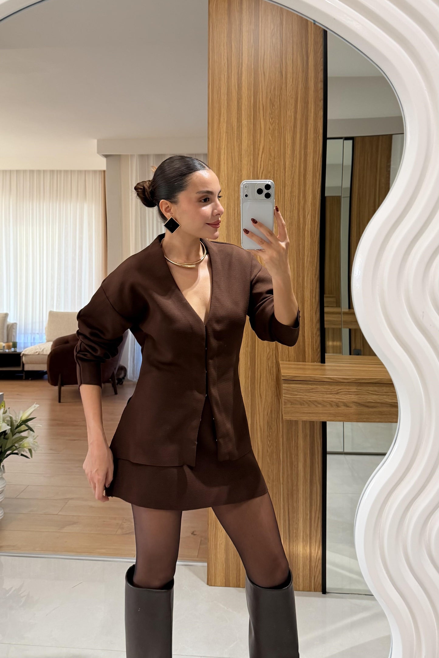 Knit Acı Kahve Belden Oturtmalı Triko Takım