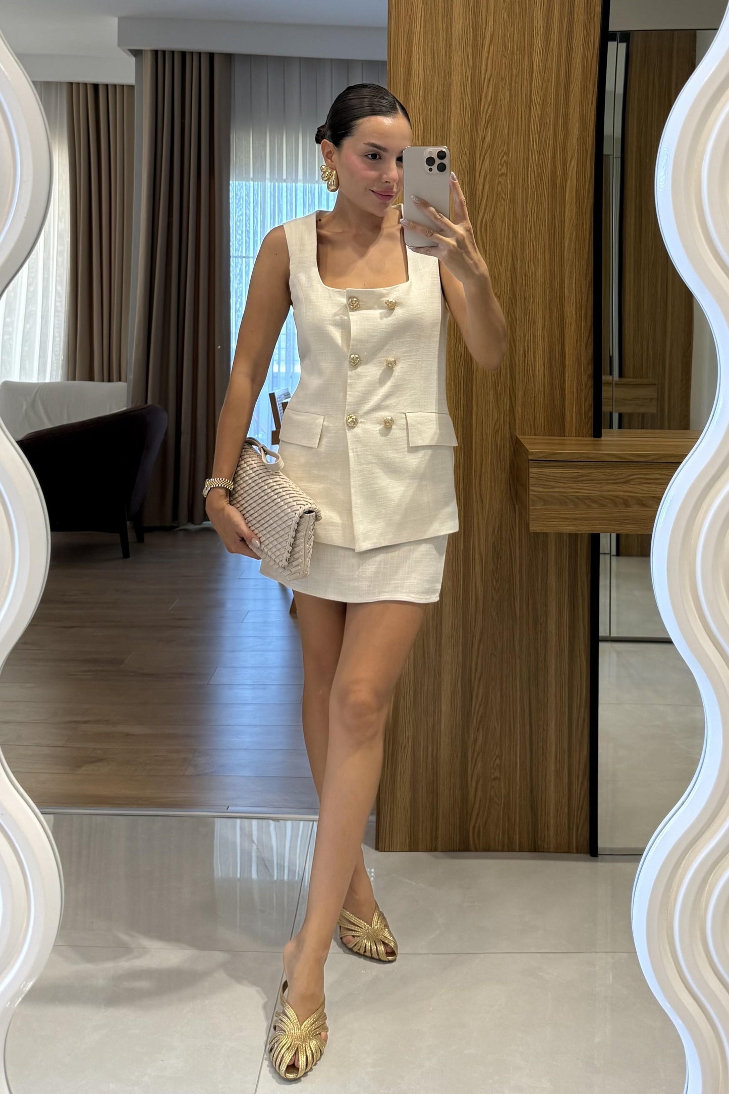 Kokia Ekru Gold Düğmeli Yelek Etek Takım