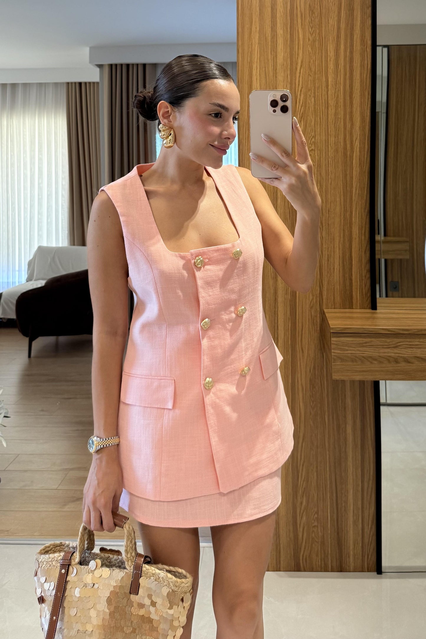 Kokia Somon Gold Düğmeli Yelek Etek Takım