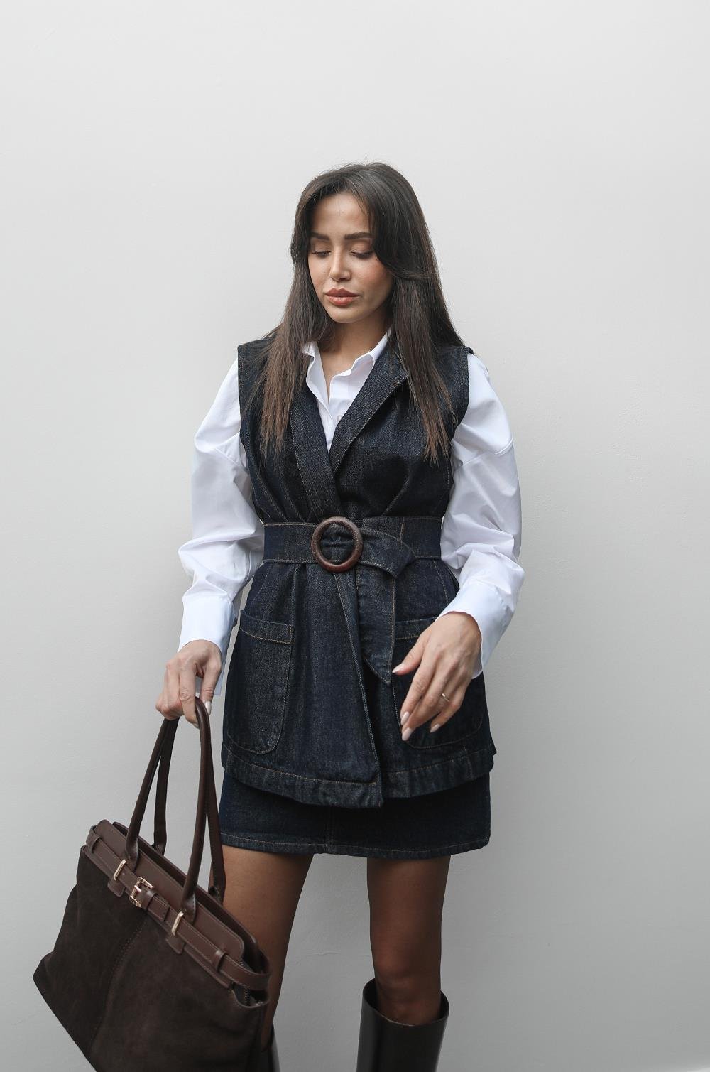 KOYU LACIVERT KEMERLI DENIM YELEK