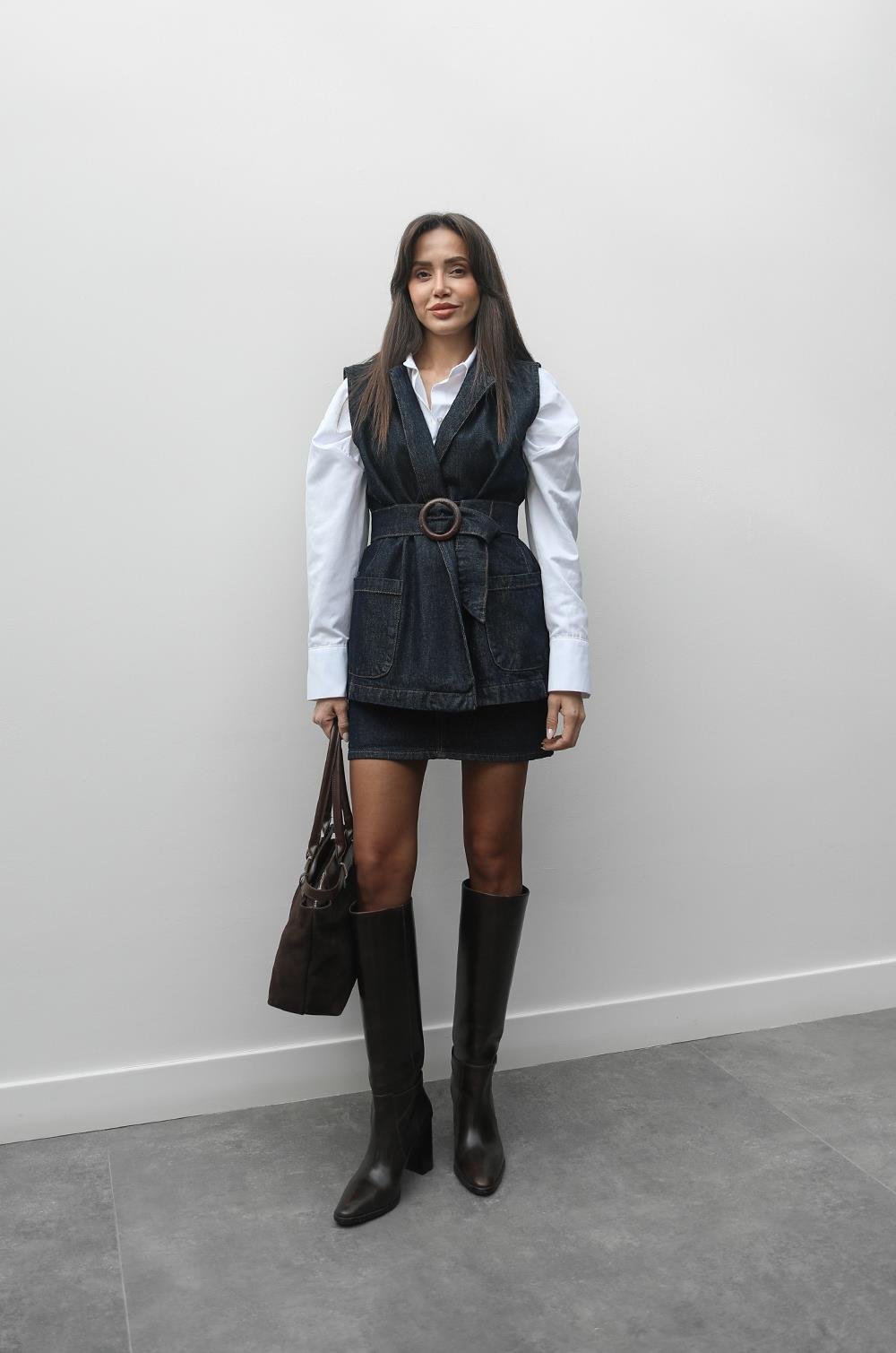 KOYU LACIVERT KEMERLI DENIM YELEK