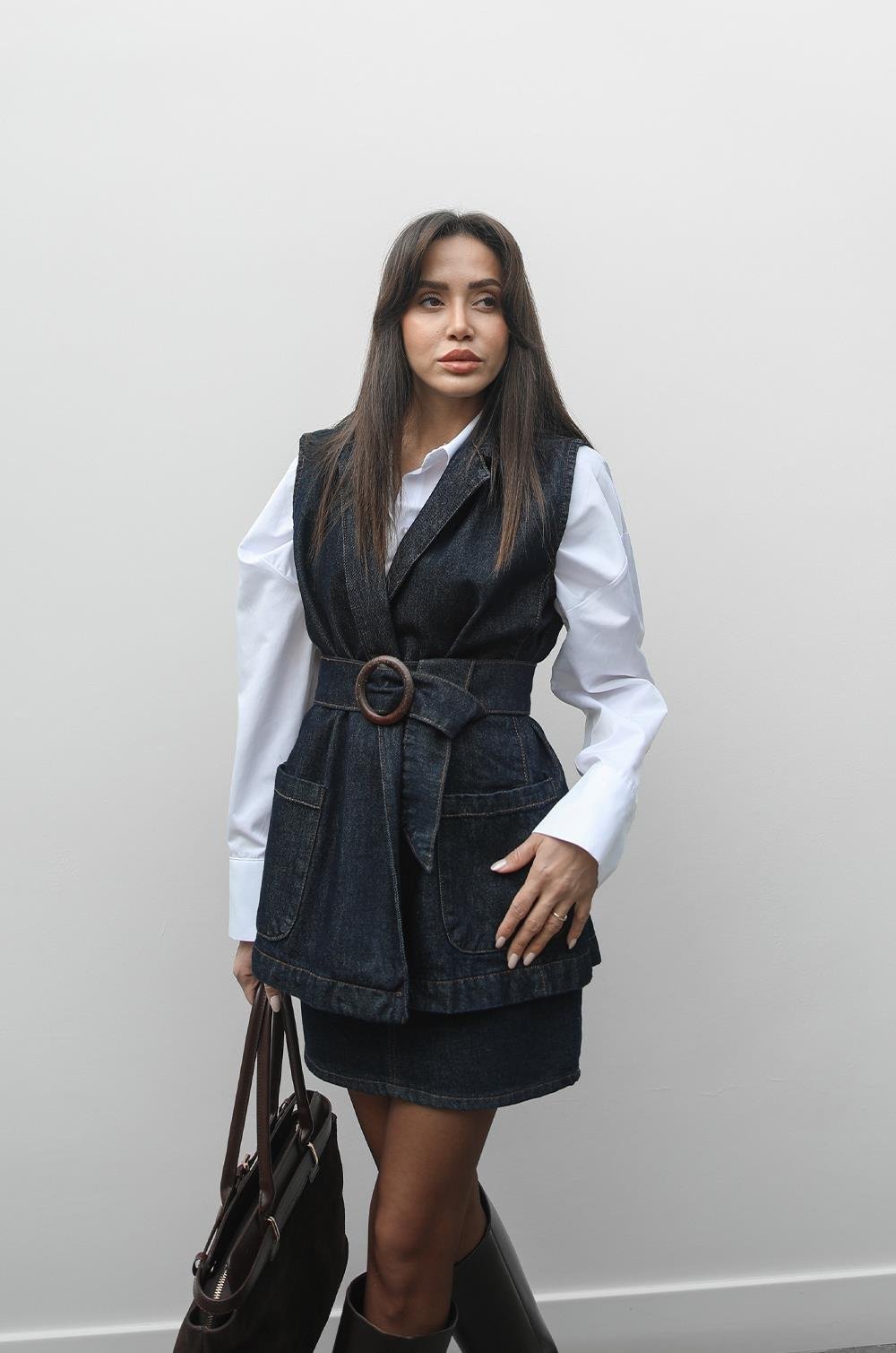 KOYU LACIVERT KEMERLI DENIM YELEK