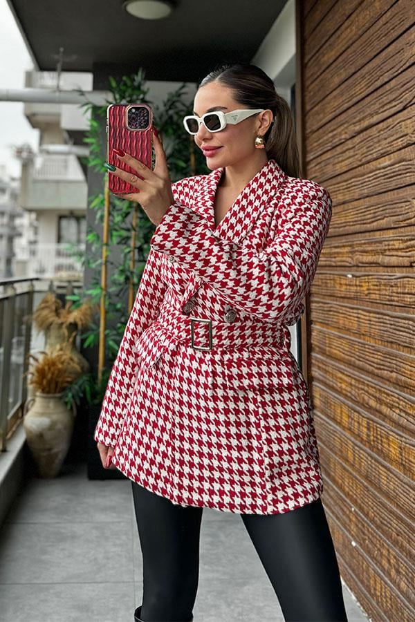 Krass Kemerli Kazayağı Desen Kaşe Ceket - Kırmızı