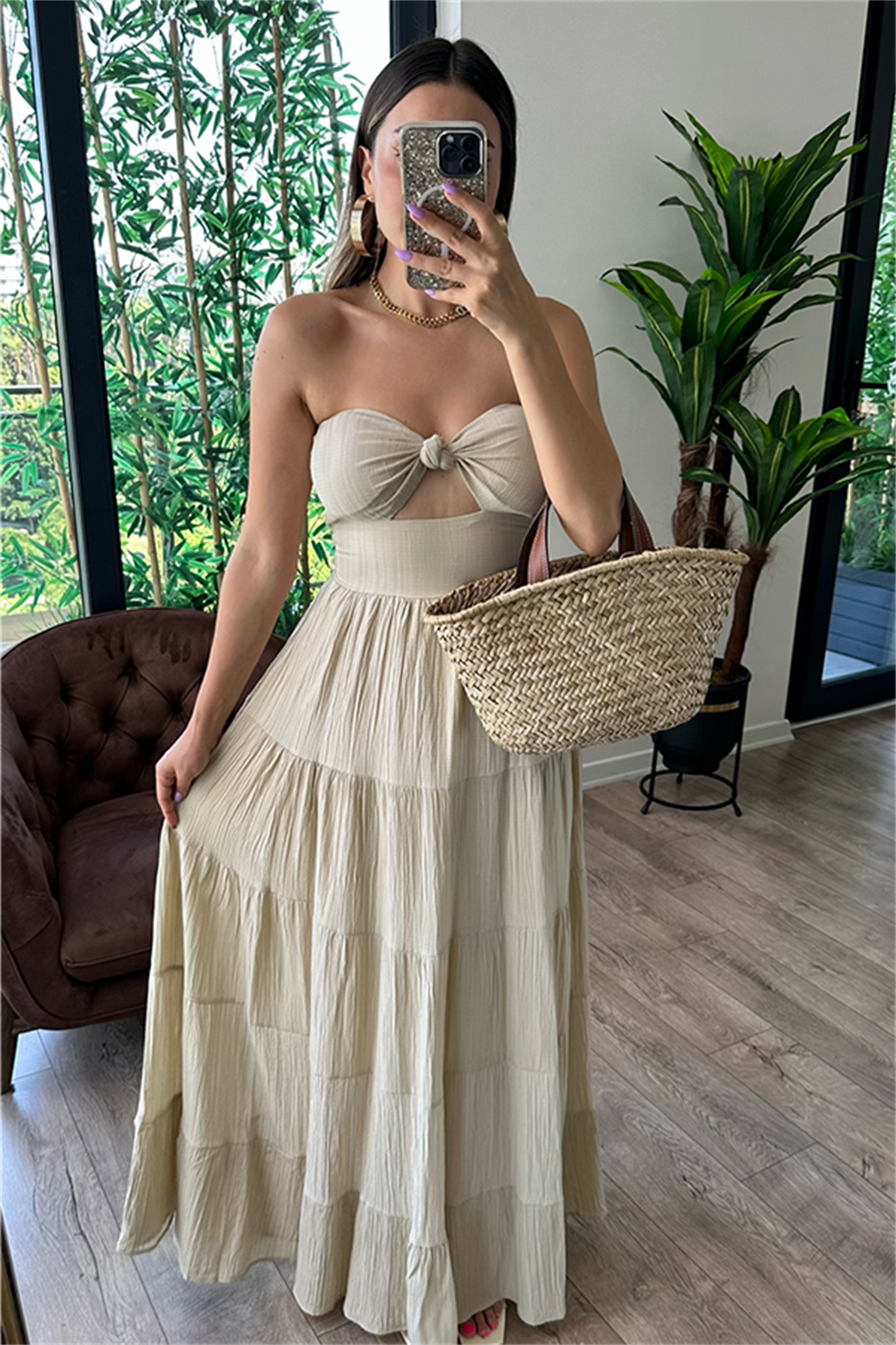 Krissy straplez göğüs dekolteli çan elbise - Krem