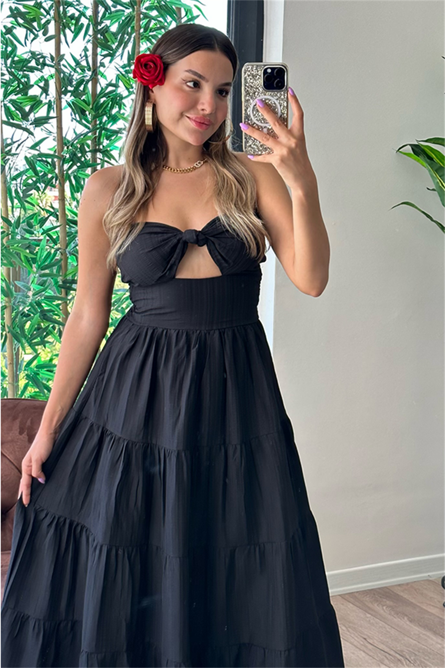 Krissy straplez göğüs dekolteli çan elbise - Siyah