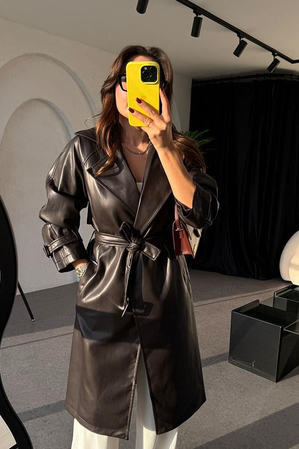 Kylie Kemerli Deri Acı Kahve Trençkot
