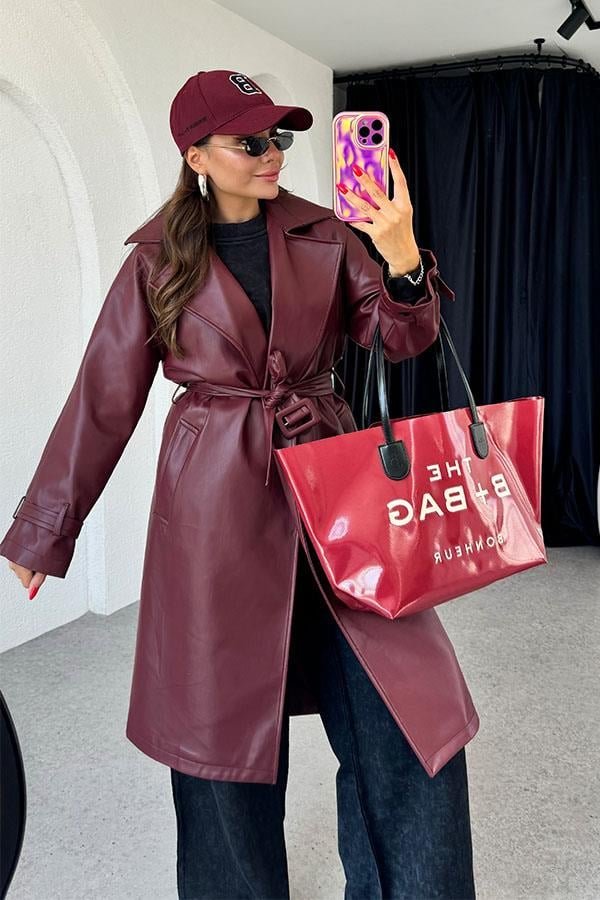 Kylie Kemerli Deri Bordo Trençkot