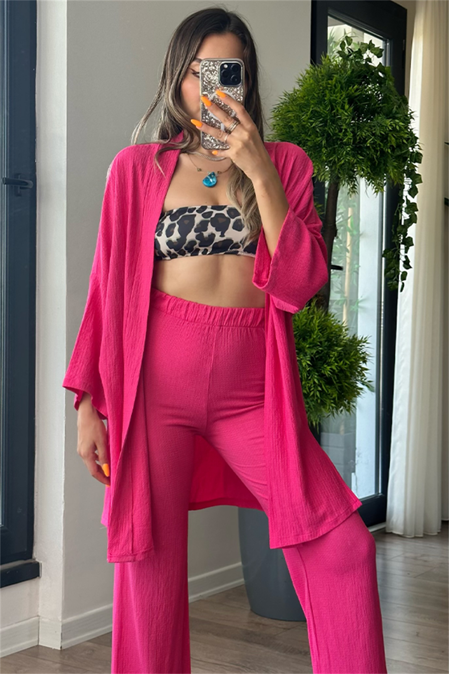 Kylo gofre kumaş kimonolu takım - Fuşya